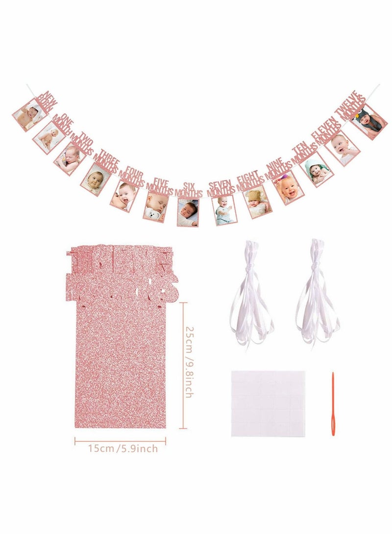 SYOSI 1st Birthday Photo Banner for Baby from Newborn to 12 Months First Birthday Decorations Boy or Girl Monthly Milestones Garland  First Birthday Photo Banner Pre strung with Frame (Blue) - Image 2