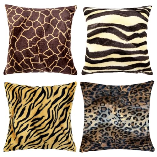 WOMHOPE® 4 Pack - 18" x 18" Short Faux Fur Cushion Decorative Pillow Covers Animal Theme Print Style Square Throw Pillowcase Cushion Covers for Sofa,Bed,Chair,Auto Seat (F(Set of 4)) - Image 1