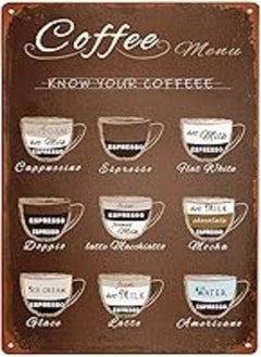 Giwawa Giwawa Retro Coffee Menu Tin Sign Cafe Signs Know Your Coffee Tin Signs Wall Retrospective Art Man Cave Metal Bar Pub Poster Metal Decor Poster Ptyle Wall Hanging 12 X 8in 