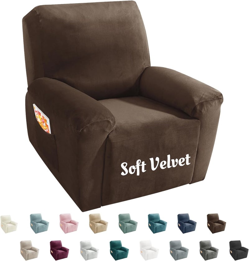MAXIJIN Oversized Recliner Chair Covers Velvet Plush 4 Piece Stretch Recliners Covers for Large Recliner Slipcovers Soft Washable Reclining Protector with Side Pocket (XL Recliner, Dark Coffee) - Image 1