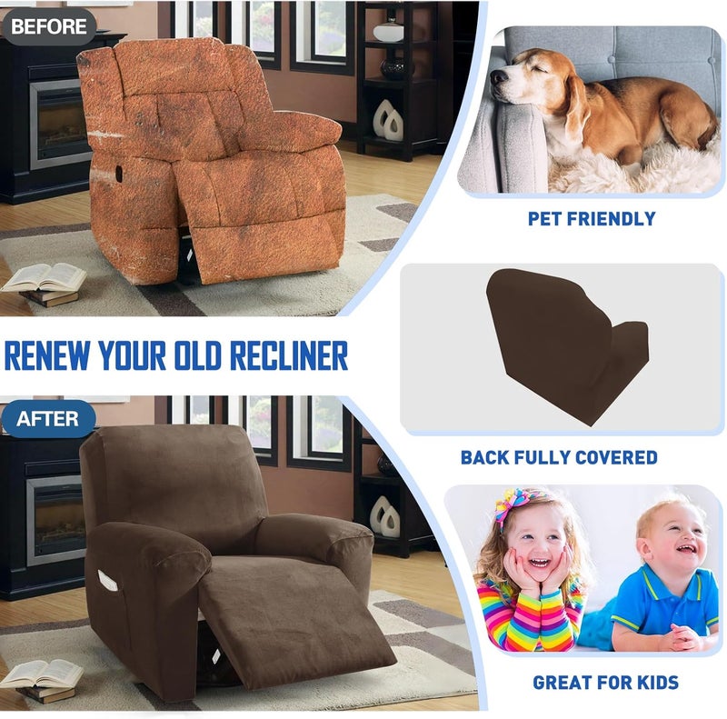 MAXIJIN Oversized Recliner Chair Covers Velvet Plush 4 Piece Stretch Recliners Covers for Large Recliner Slipcovers Soft Washable Reclining Protector with Side Pocket (XL Recliner, Dark Coffee) - Image 5