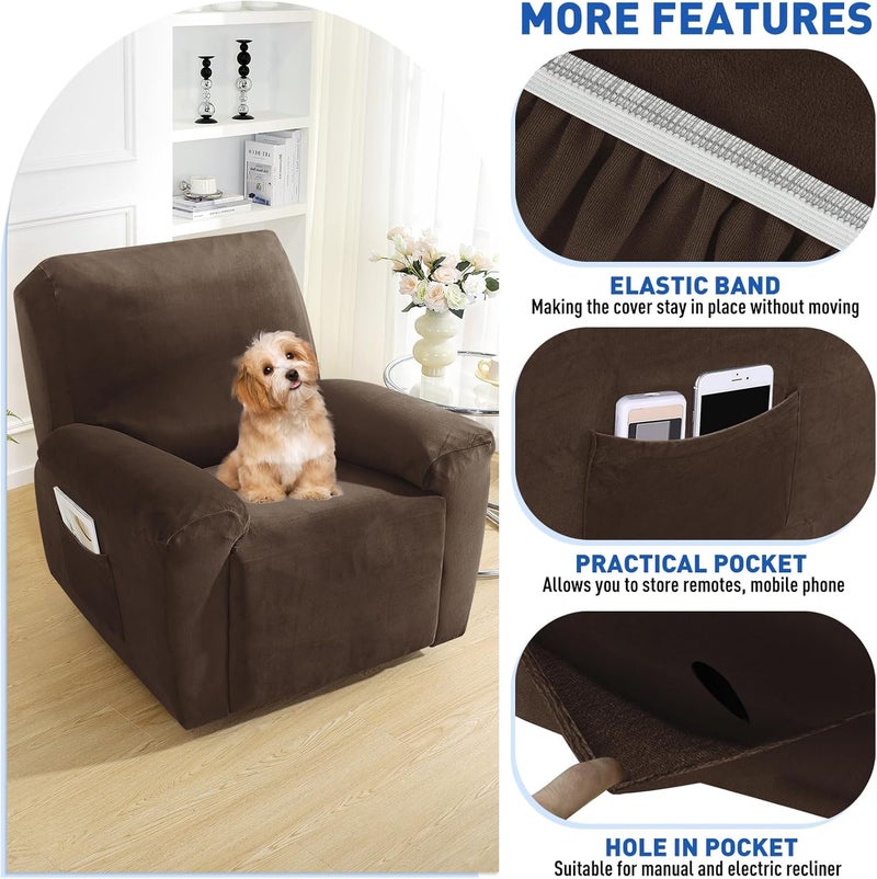 MAXIJIN Oversized Recliner Chair Covers Velvet Plush 4 Piece Stretch Recliners Covers for Large Recliner Slipcovers Soft Washable Reclining Protector with Side Pocket (XL Recliner, Dark Coffee) - Image 4