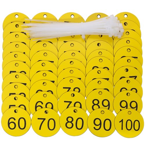 ONLYKXY 1-100 Number Tags Plastic Numbered Marking Identification Hang Tags Luggage Labels ID Tag with Rings for Organized Coded Key Box Cabinet Plant Coding Tag (Yellow) - Image 1