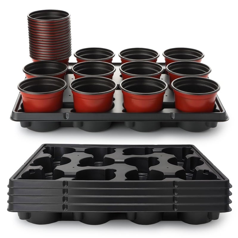 RooTrimmer 4 inch Round Nursery Pots 60pcs, 12 Cell Nursery Pots Trays 5 Pcs, Sturdy Seeds Starting Germination Shuttle Carrying Trays, Small Planter Nursery Propagation 5 Sets - Image 1
