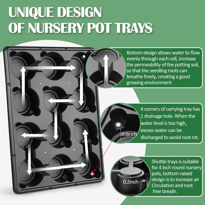 RooTrimmer 4 inch Round Nursery Pots 60pcs, 12 Cell Nursery Pots Trays 5 Pcs, Sturdy Seeds Starting Germination Shuttle Carrying Trays, Small Planter Nursery Propagation 5 Sets - Image 3