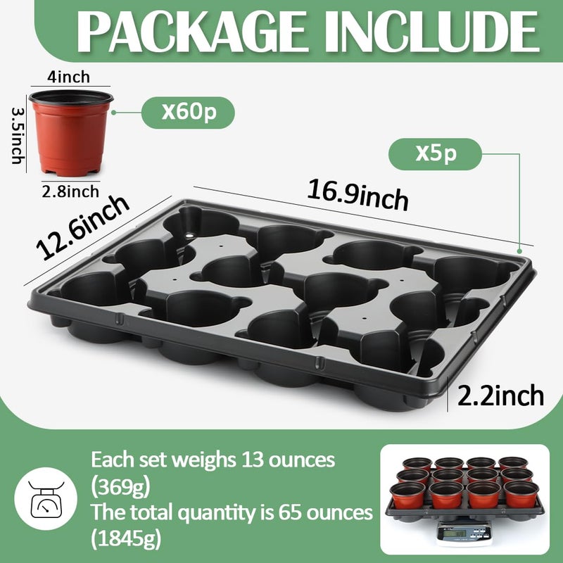 RooTrimmer 4 inch Round Nursery Pots 60pcs, 12 Cell Nursery Pots Trays 5 Pcs, Sturdy Seeds Starting Germination Shuttle Carrying Trays, Small Planter Nursery Propagation 5 Sets - Image 2