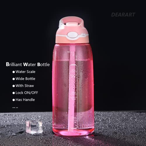 DEARART 32oz Water Bottle With Straw Has Handle AUTOSEAL BPA FREE, Clear Bottles Flip Up Lid, Suit Office Sports Travel for Women Girls, Pink. - Image 3