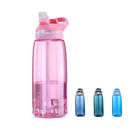 DEARART 32oz Water Bottle With Straw Has Handle AUTOSEAL BPA FREE, Clear Bottles Flip Up Lid, Suit Office Sports Travel for Women Girls, Pink. - Image 1