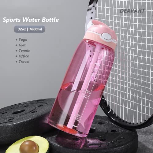 DEARART 32oz Water Bottle With Straw Has Handle AUTOSEAL BPA FREE, Clear Bottles Flip Up Lid, Suit Office Sports Travel for Women Girls, Pink. - Image 2