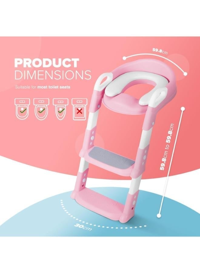 kidoola Kids Potty Training Seat with Adjustable Step Stool Ladder - Comfortable Toilet Trainer Chair with Safety Handles & Soft Cushion - Foldable & Non-Slip Design for Toddler Independent Bathroom Use - Pink - Image 2
