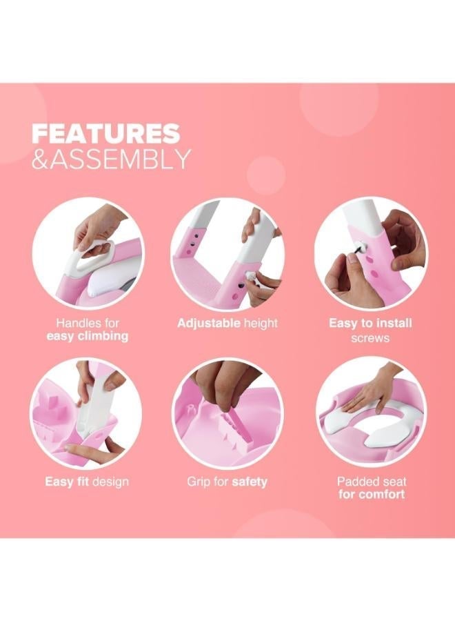 kidoola Kids Potty Training Seat with Adjustable Step Stool Ladder - Comfortable Toilet Trainer Chair with Safety Handles & Soft Cushion - Foldable & Non-Slip Design for Toddler Independent Bathroom Use - Pink - Image 4