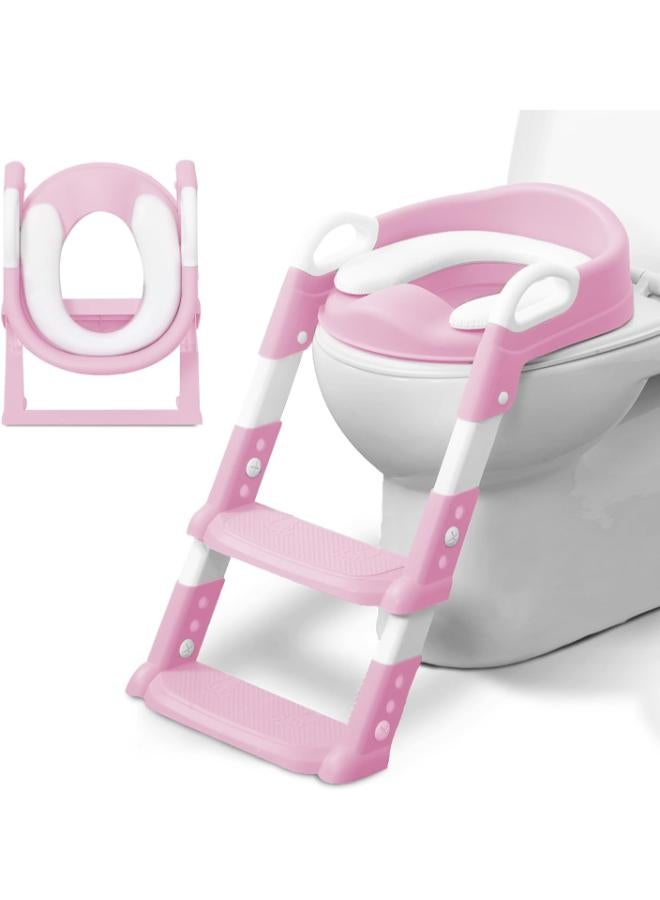 kidoola Kids Potty Training Seat with Adjustable Step Stool Ladder - Comfortable Toilet Trainer Chair with Safety Handles & Soft Cushion - Foldable & Non-Slip Design for Toddler Independent Bathroom Use - Pink - Image 1