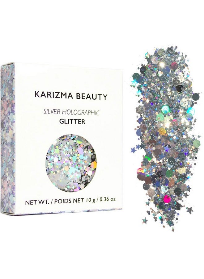 KARIZMA - Holographic Silver Body Glitter. 10G Glitter For Chunky Facehair Eye And Body For Women. Rave Glitter Festival Accessories Cosmetic Makeup. Loose Glitter Set - Image 1