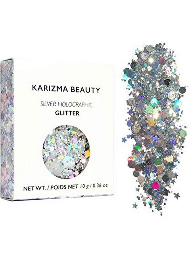 KARIZMA - Holographic Silver Body Glitter. 10G Glitter For Chunky Facehair Eye And Body For Women. Rave Glitter Festival Accessories Cosmetic Makeup. Loose Glitter Set - Image 1