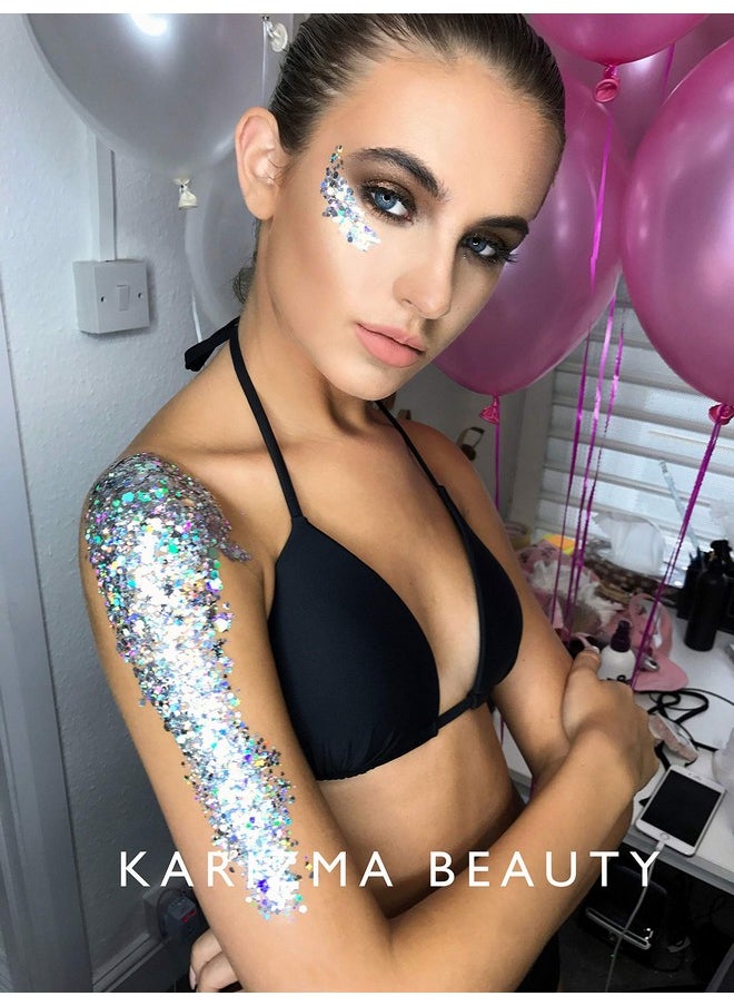 KARIZMA - Holographic Silver Body Glitter. 10G Glitter For Chunky Facehair Eye And Body For Women. Rave Glitter Festival Accessories Cosmetic Makeup. Loose Glitter Set - Image 1