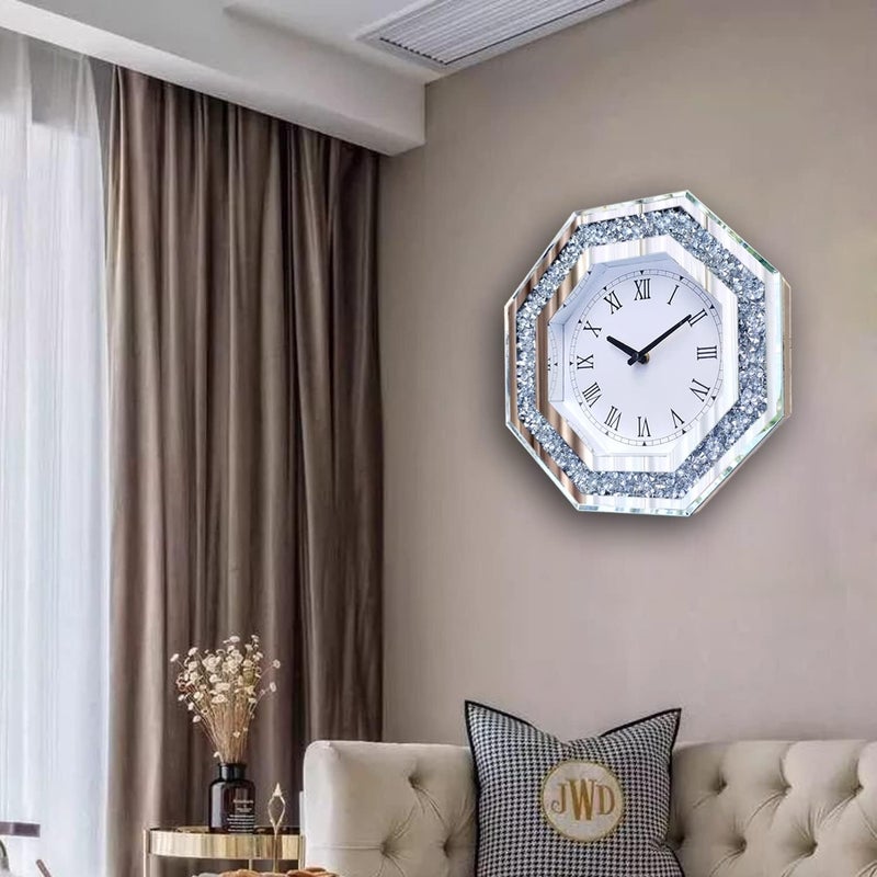 XIHACTY Wall Clock, Octagon Mirror Glass Clock, Cute Diamond 12-inch Non-Ticking Clock for Wall Décor, Perfect Home Decor for Bedroom, Bathroom Motif, Dining Room(Excluding Batteries.) - Image 5