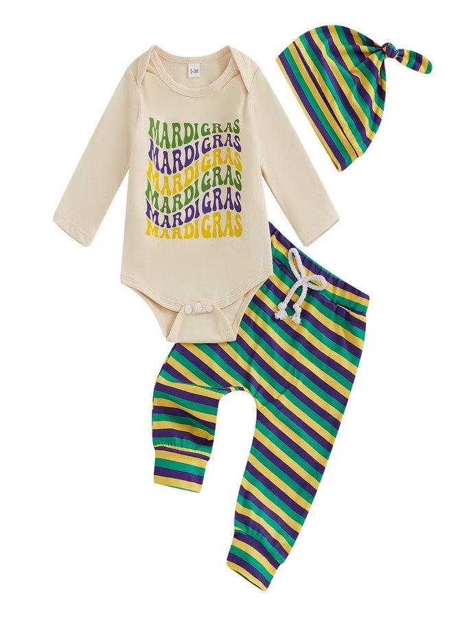 Honganda Newborn Baby Boy Mardi Gras Outfit Letters Print Bodysuit Romper Striped Pants with Hat Fall Carnival Clothes Set (Beige, 12-18 Months) - Image 1