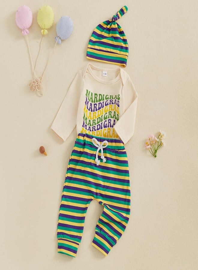 Honganda Newborn Baby Boy Mardi Gras Outfit Letters Print Bodysuit Romper Striped Pants with Hat Fall Carnival Clothes Set (Beige, 12-18 Months) - Image 2