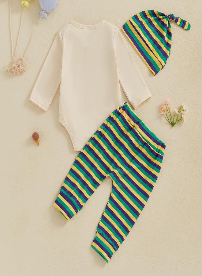 Honganda Newborn Baby Boy Mardi Gras Outfit Letters Print Bodysuit Romper Striped Pants with Hat Fall Carnival Clothes Set (Beige, 12-18 Months) - Image 3