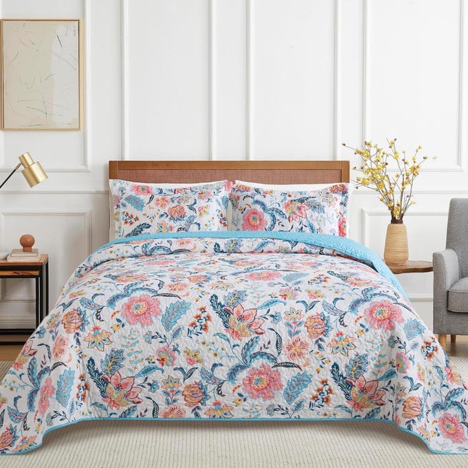 PINK KING SIZE QUILT FOR ADULTS FLORAL QUILT KING SIZE BEDDING SET 98 X 106 INCH WITH 2 PILLOW SHAMS LIGHTWEIGHT REVERSIBLE COVERLET QUILT FOR BEDROOM 3 PIECES