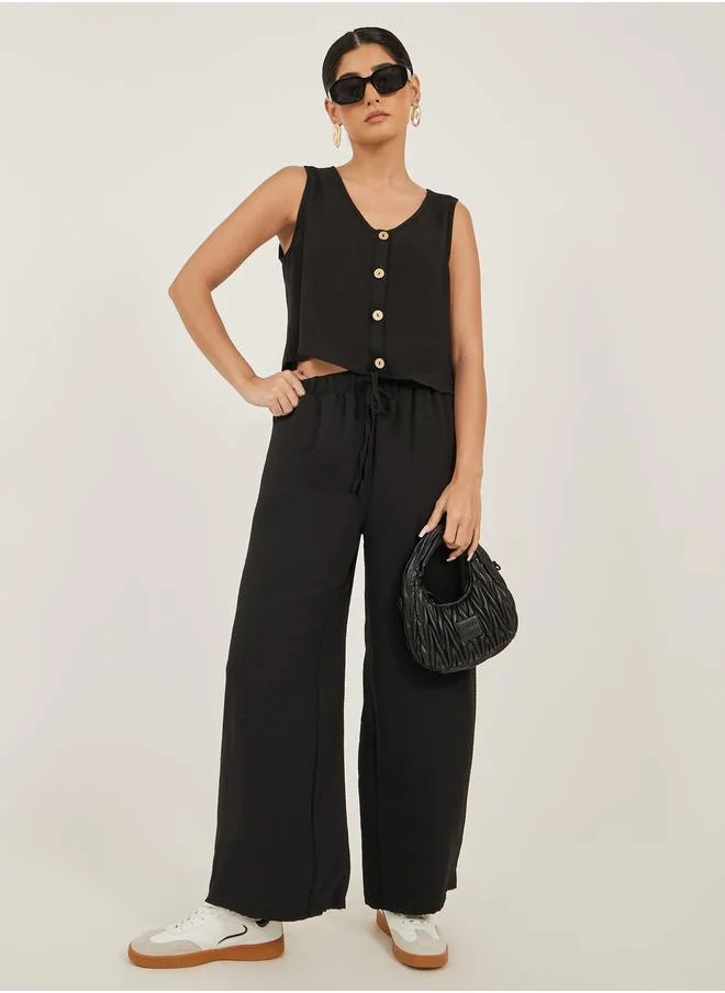 كوزى Solid Cropped Tank Top and Wide Leg Pants Co-Ords