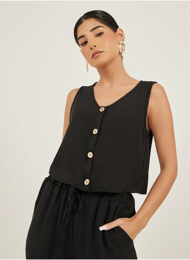 كوزى Solid Cropped Tank Top and Wide Leg Pants Co-Ords