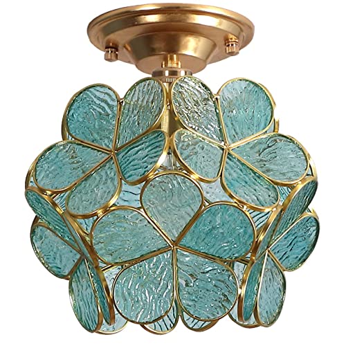 Bieye L10824 Flower Petals Tiffany Style Stained Glass Close to Ceiling Light for Home Decor (Textured Aqua Blue, 8" Cherry Blossom) - Image 2