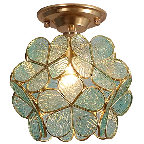 Bieye L10824 Flower Petals Tiffany Style Stained Glass Close to Ceiling Light for Home Decor (Textured Aqua Blue, 8" Cherry Blossom) - Image 1