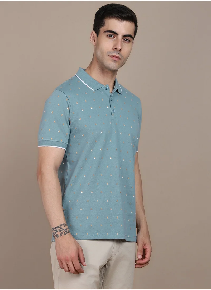 Dennis Lingo Sea Green Printed Regular Fit Polo Collar T-shirt for Men - 100% Cotton, Half Sleeves, Casual