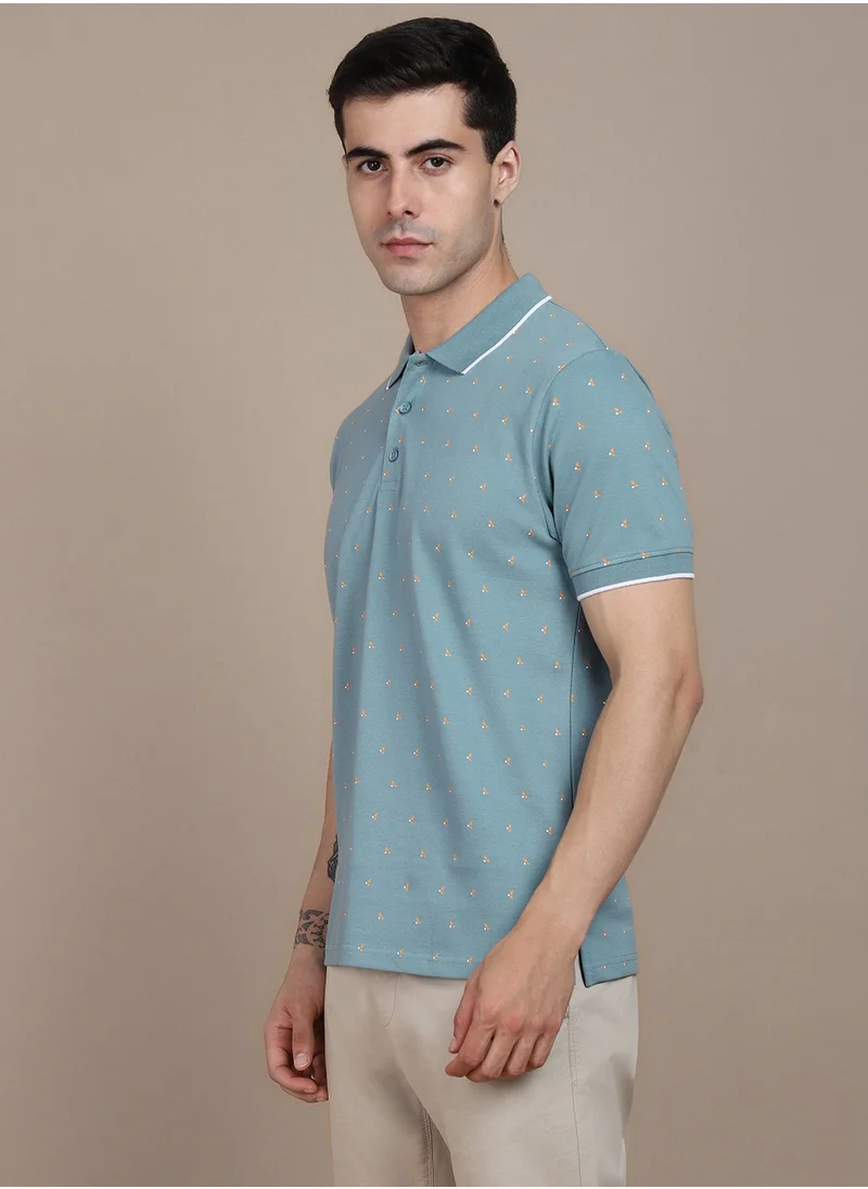 Dennis Lingo Sea Green Printed Regular Fit Polo Collar T-shirt for Men - 100% Cotton, Half Sleeves, Casual