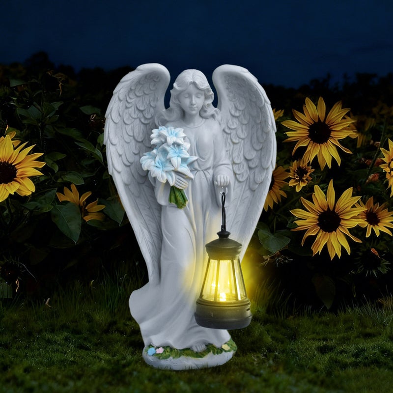 Resin Angel Carrying Blue Flower Lantern Solar Outdoor Light for Garden Figure Statue Decor - Image 2