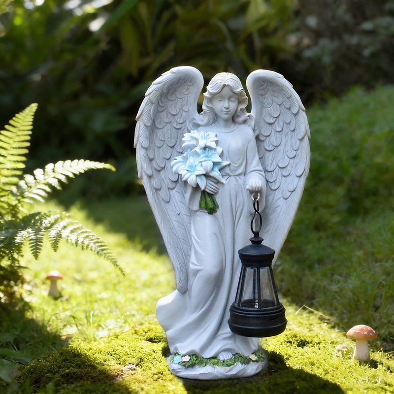 Resin Angel Carrying Blue Flower Lantern Solar Outdoor Light for Garden Figure Statue Decor - Image 3