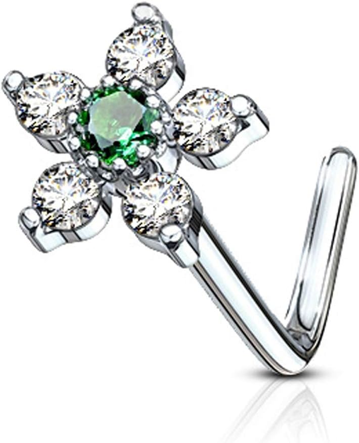 FifthCue 20G 6 CZ Flower Top 316L Surgical Steel L Bend Stud Nose Ring - Image 1