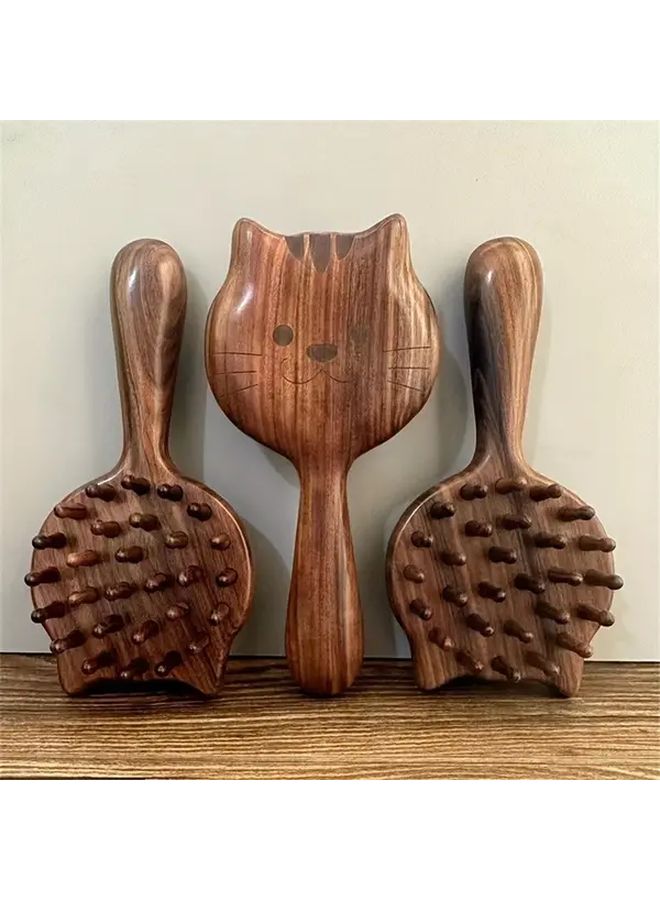Brown Sandalwood Massage Comb For Women Kitten Shape Air Cushion Scalp Relief Styling - Image 3