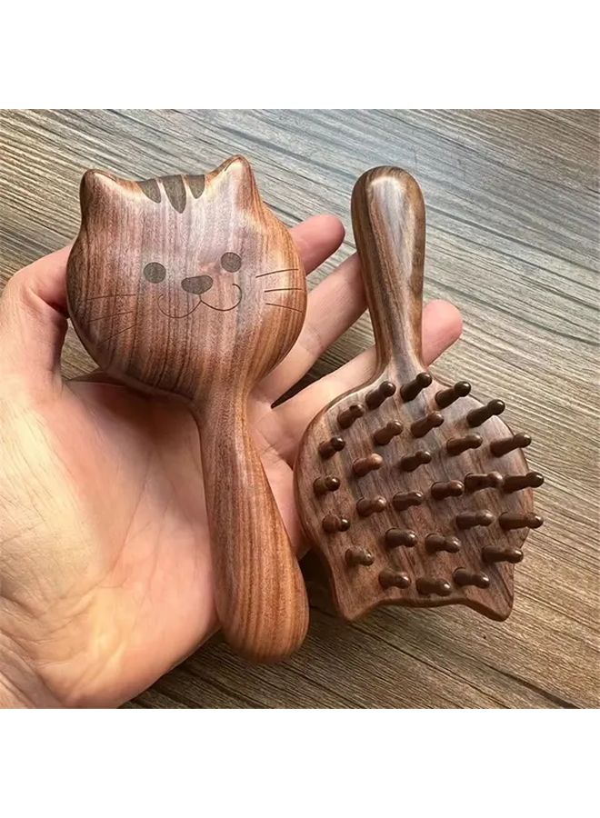 Brown Sandalwood Massage Comb For Women Kitten Shape Air Cushion Scalp Relief Styling - Image 1