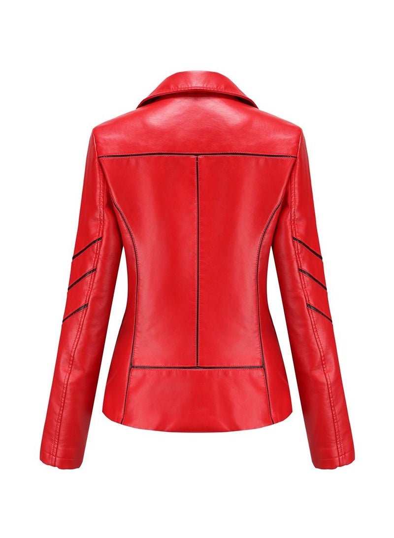 Loquat Women's New Thin Leather PU Short Coat Red  - Image 2