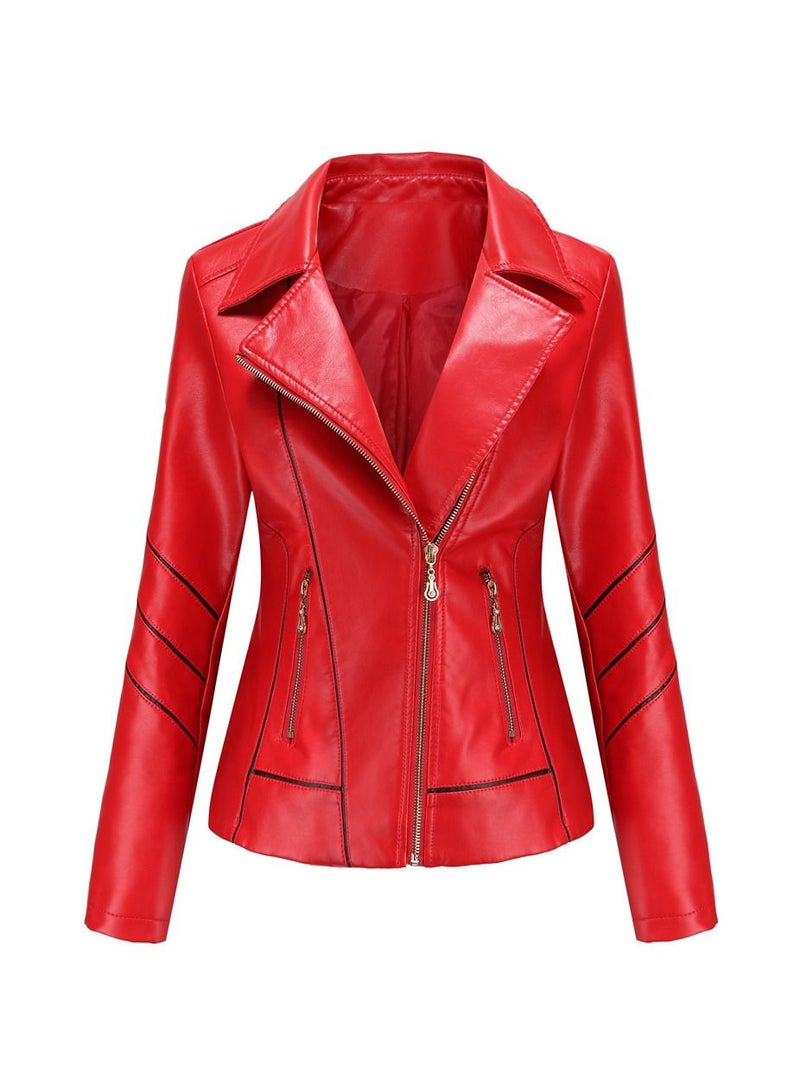 Loquat Women's New Thin Leather PU Short Coat Red  - Image 1