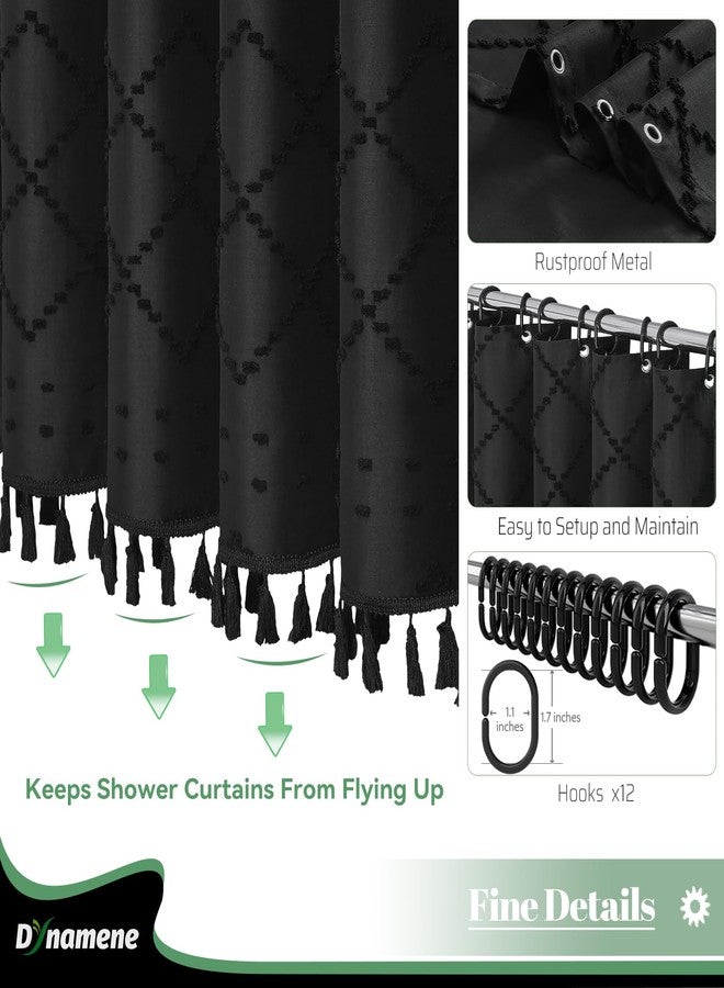 Dynamene ستارة حمام Dynamene Boho Farmhouse، مصنوعة من قماش الشانيل الأسود، مزينة بنقوش هندسية مخططة، مع شرابات، طقم ستارة حمام بتصميم بسيط وأنيق، 12 خطافًا، 72 × 72 بوصة - Image 5