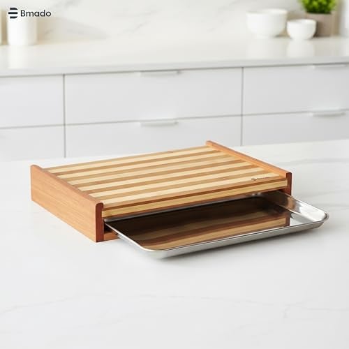 Bmado Bamboo Cutting Board with Stainless Steel Tray – (Medium) Wooden Chopping Board with Pull-Out Sliding Drawer Container (33 x 23 x 6 cm) for Kitchen & Food Prep - Image 2