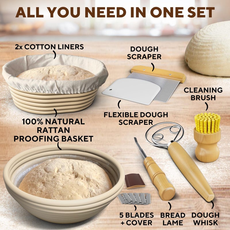 Benicci Complete Bread Proofing Baskets Set - Premium Quality Kit for Sourdough Bread Making - Includes 9" & 10" Banneton Basket w/All Needed Bread Baking Supplies - Perfect Tools for Baking Enthusiasts - Image 3