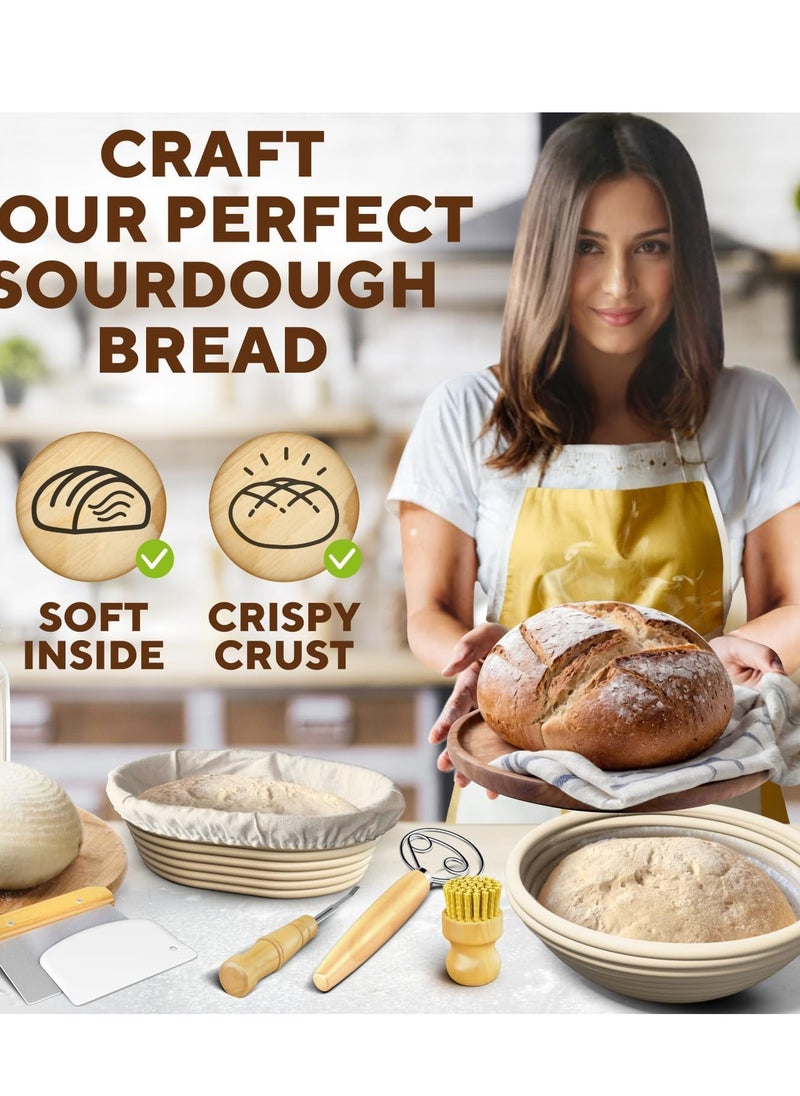 Benicci - Complete Bread Proofing Baskets Set - Premium Quality Kit for Sourdough Bread Making - Includes 9" & 10" Banneton Basket w/All Needed Bread Baking Supplies - Perfect Tools for Baking Enthusiasts - Image 1