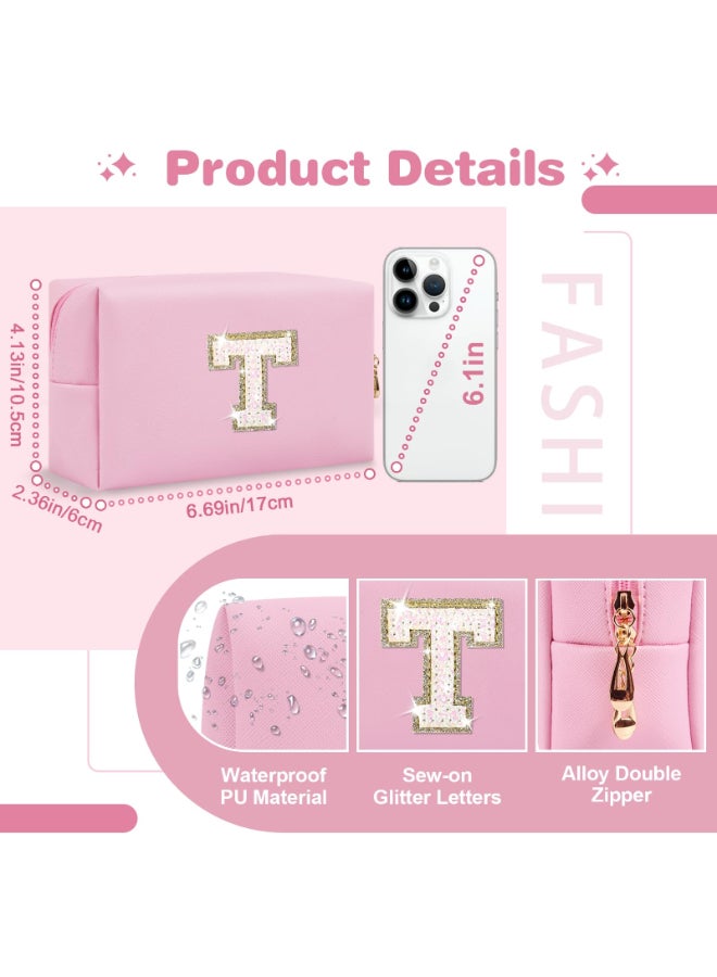 ChaoGreat Small Personalized Initial AZ Patch Makeup BagPink Cute PU Leather Glitter Letter Cosmetic Bag for Teen GirlsTravel Toiletry Bag with ZipperPreppy Monogrammed Birthday Gift for Daughter Niece T - Image 4