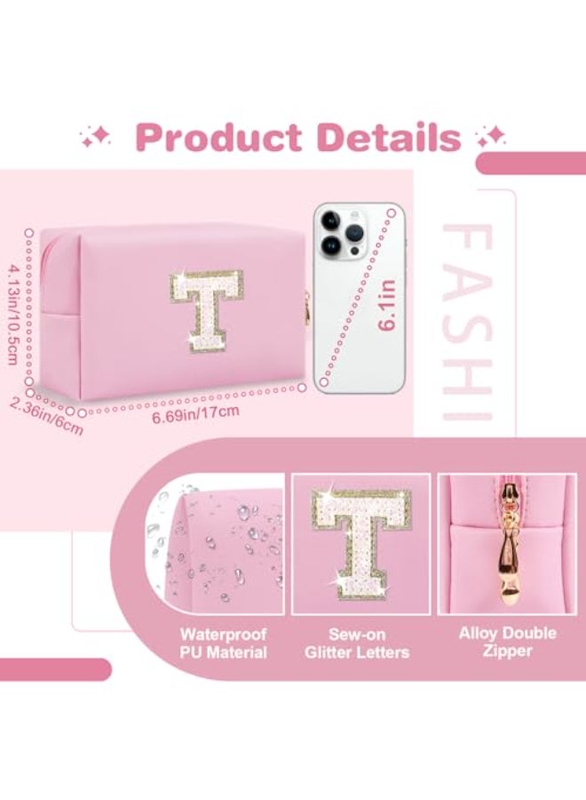 ChaoGreat Small Personalized Initial AZ Patch Makeup BagPink Cute PU Leather Glitter Letter Cosmetic Bag for Teen GirlsTravel Toiletry Bag with ZipperPreppy Monogrammed Birthday Gift for Daughter Niece T - Image 3