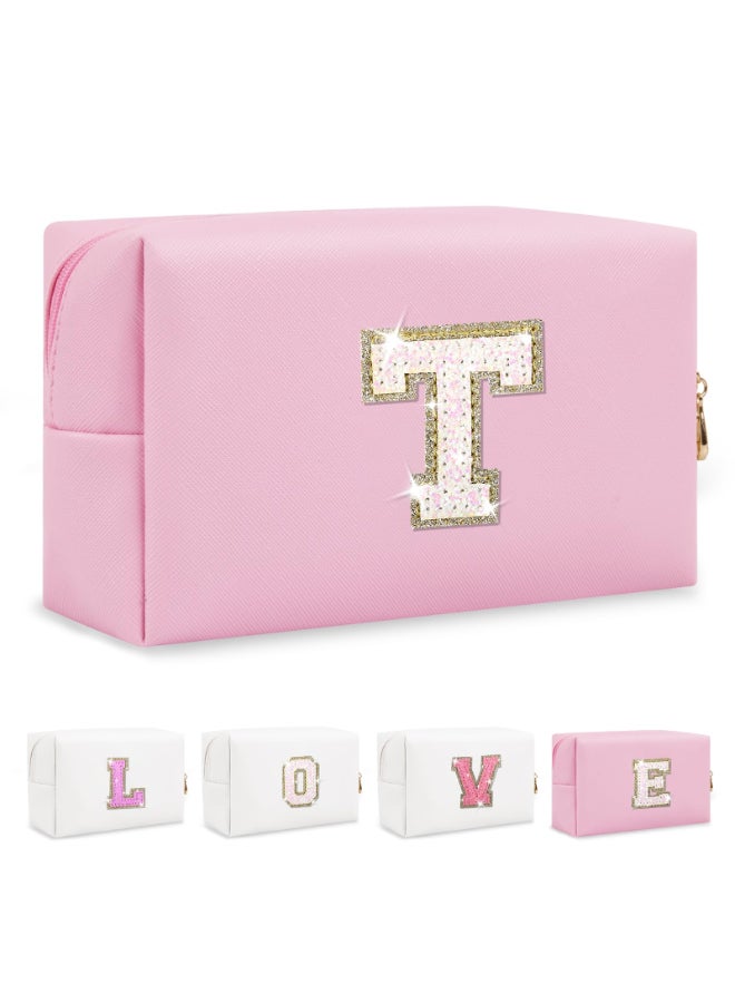 ChaoGreat Small Personalized Initial AZ Patch Makeup BagPink Cute PU Leather Glitter Letter Cosmetic Bag for Teen GirlsTravel Toiletry Bag with ZipperPreppy Monogrammed Birthday Gift for Daughter Niece T - Image 2