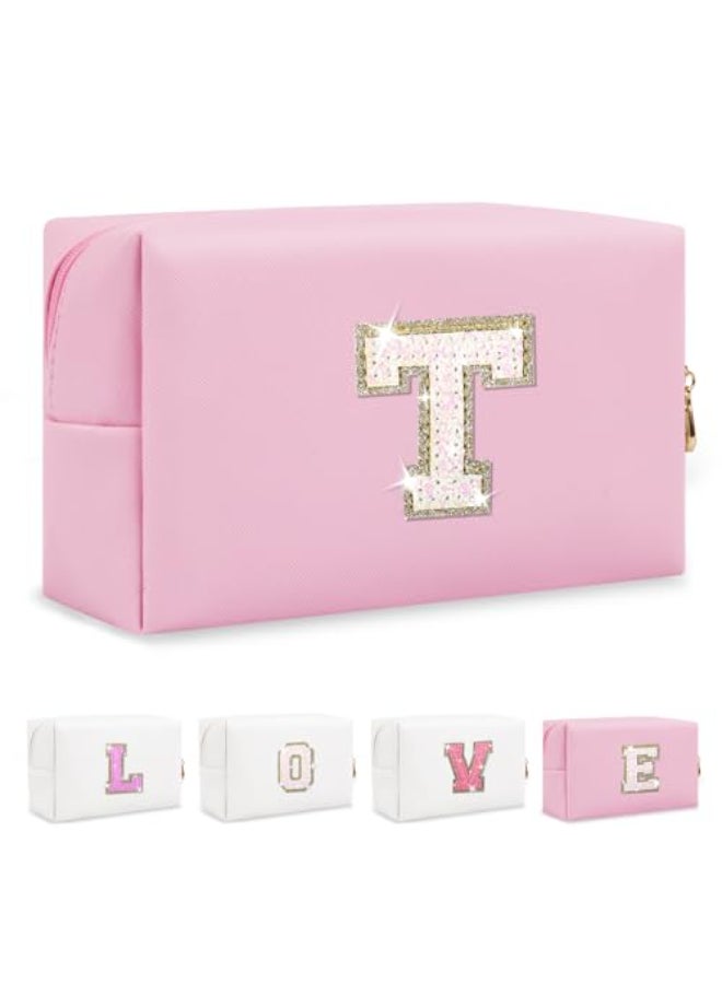 ChaoGreat Small Personalized Initial AZ Patch Makeup BagPink Cute PU Leather Glitter Letter Cosmetic Bag for Teen GirlsTravel Toiletry Bag with ZipperPreppy Monogrammed Birthday Gift for Daughter Niece T - Image 1