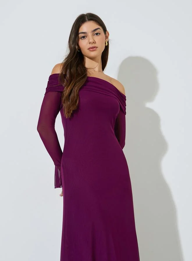 Styli  Magenta Solid Off Shoulder Neck Mesh Bodycon Maxi Dress for Women | Best Price UAE