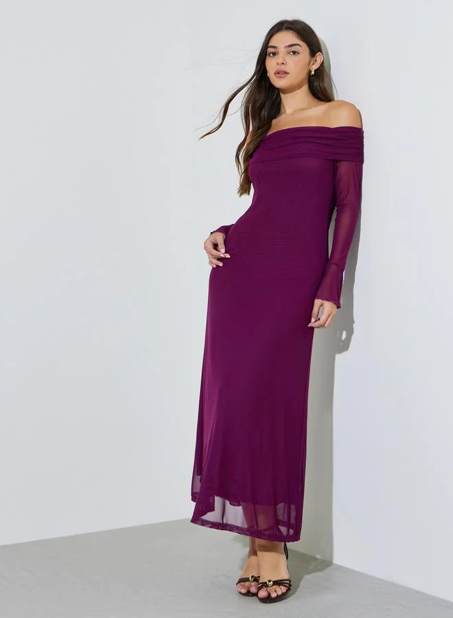 Magenta Solid Off Shoulder Neck Mesh Bodycon Maxi Dress