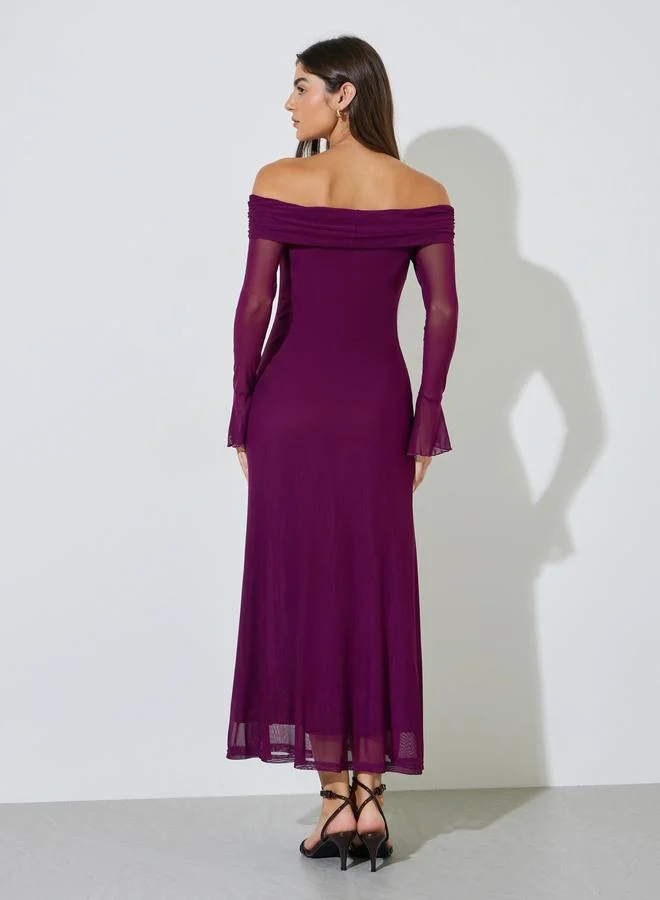 Styli  Magenta Solid Off Shoulder Neck Mesh Bodycon Maxi Dress for Women | Best Price UAE