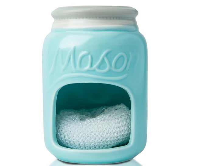 CERAMIC KITCHEN SPONGE HOLDER FARMHOUSE STYLE SINK CADDY MASON JAR DECORATIVE KITCHEN ACCESSORY COUNTRY RUSTIC SINK DECOR INCLUDES FREE SPONGE AQUA BLUE