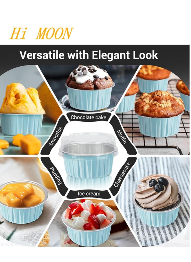 Hi Moon 25Packs 5oz Disposable Ramekins with Lids, Lake Blue Aluminum Foil Mini Muffin Liners, Dessert Cheesecake Pan Creme Brulee Cupcake Ramekins Containers for Catering Gathering Club Wedding Party  - Image 3